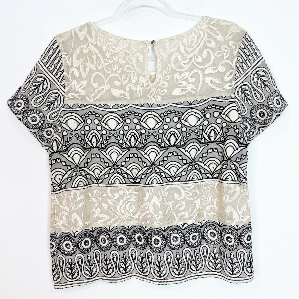 MEADOW RUE OFF-WHITE WITH BLACK EMBROIDERY SEQUINS BOXY SHORT SLEEVE SHIRT SZ 8 - Picture 4 of 8